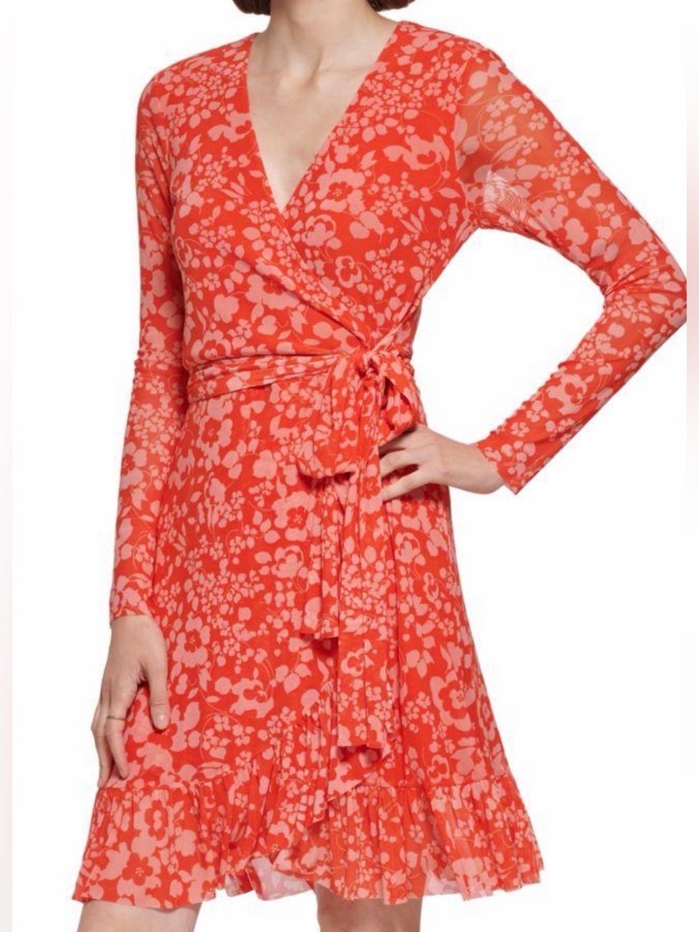 Tommy Hilfiger Coral Floral Wrap Dress - Long Sleeve